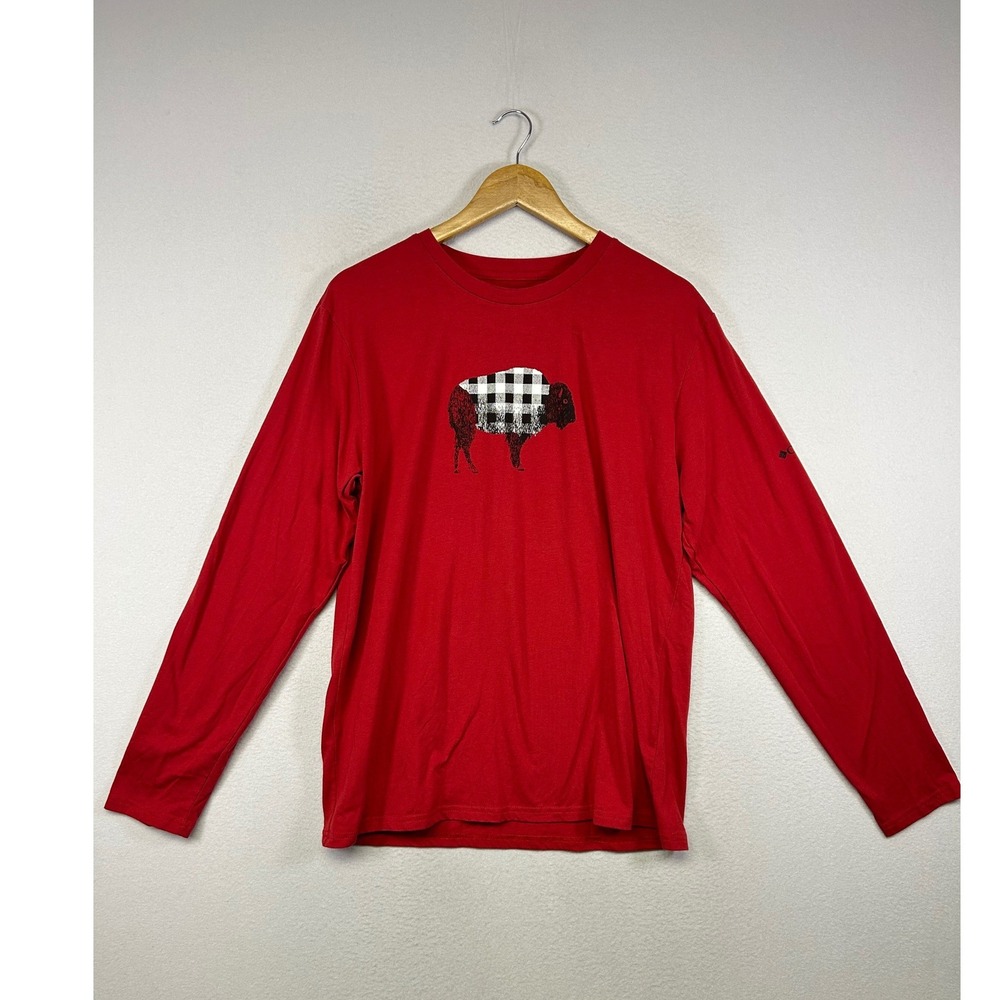 Outdoorsy Columbia Mens XL Red Buffalo Plaid Bison Graphic Long Sleeve T-Shirt